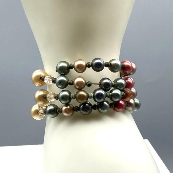 Colorful Faux Pearl Bracelet, Memory Wire 4 Wraps with Multicolored Beads - Picture 3 of 5